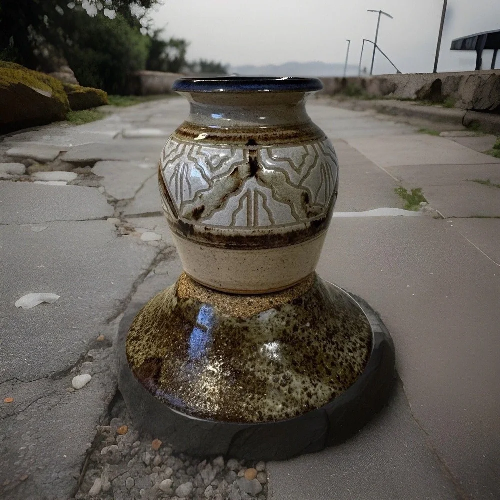 Krause 1986 Signed Studio Pottery Vase Salt Glaze Geometric Stoneware‎ 5